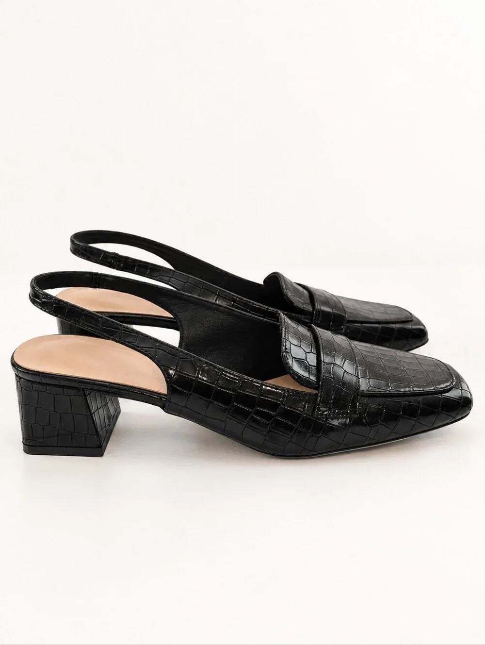 Black Croc Embossed Slingback Loafer Pumps Block Heel Shoes EU 39